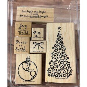Stampin Up! PEACE ON EARTH WOOD Rubber Stamp Set OF 7 WORLD CHRISTMAS TREE STAR